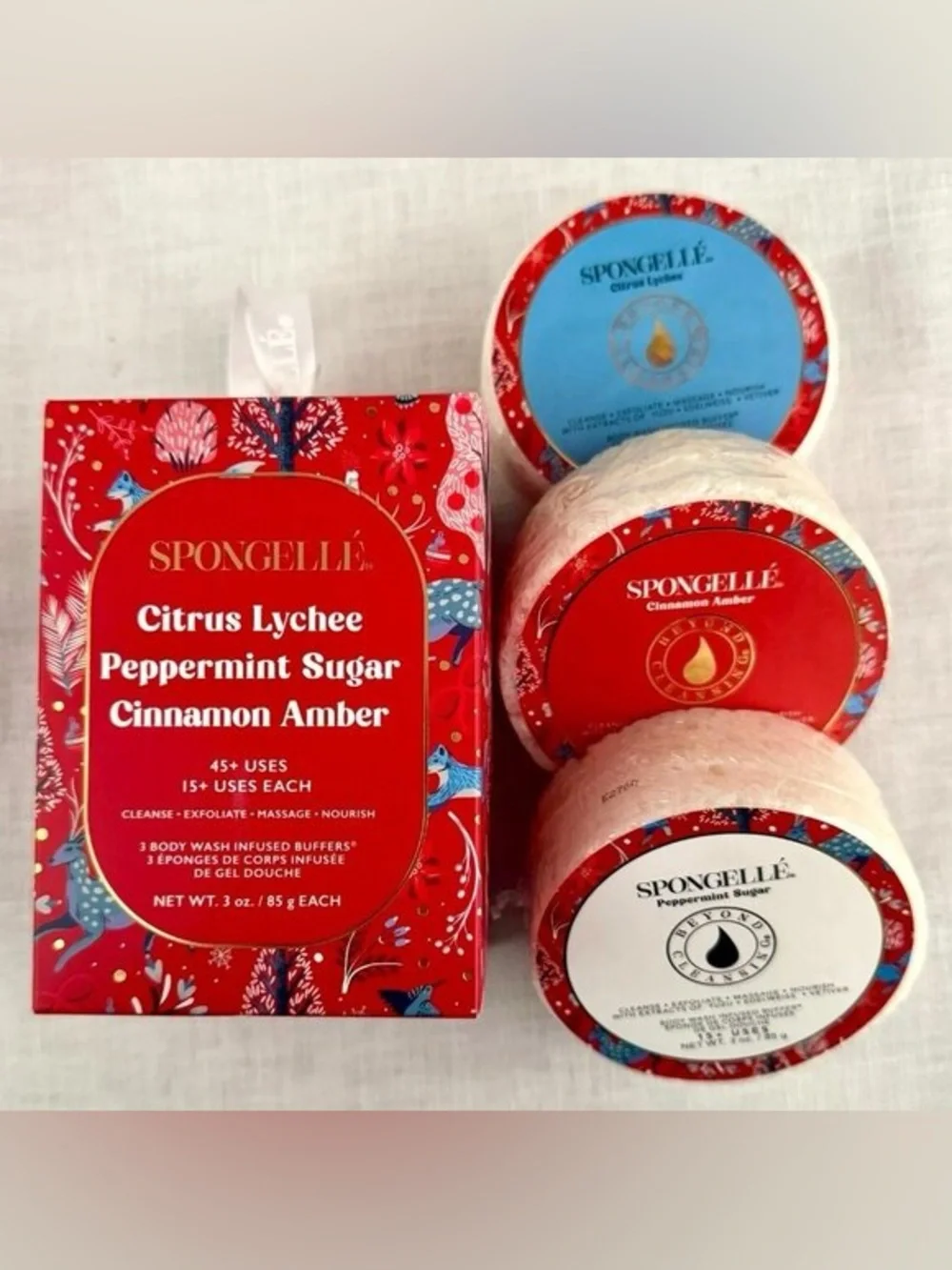 Spongellé Citrus Lychee,Peppermint Sugar, & Cinnamon Amber Bath Buffers Trio Set